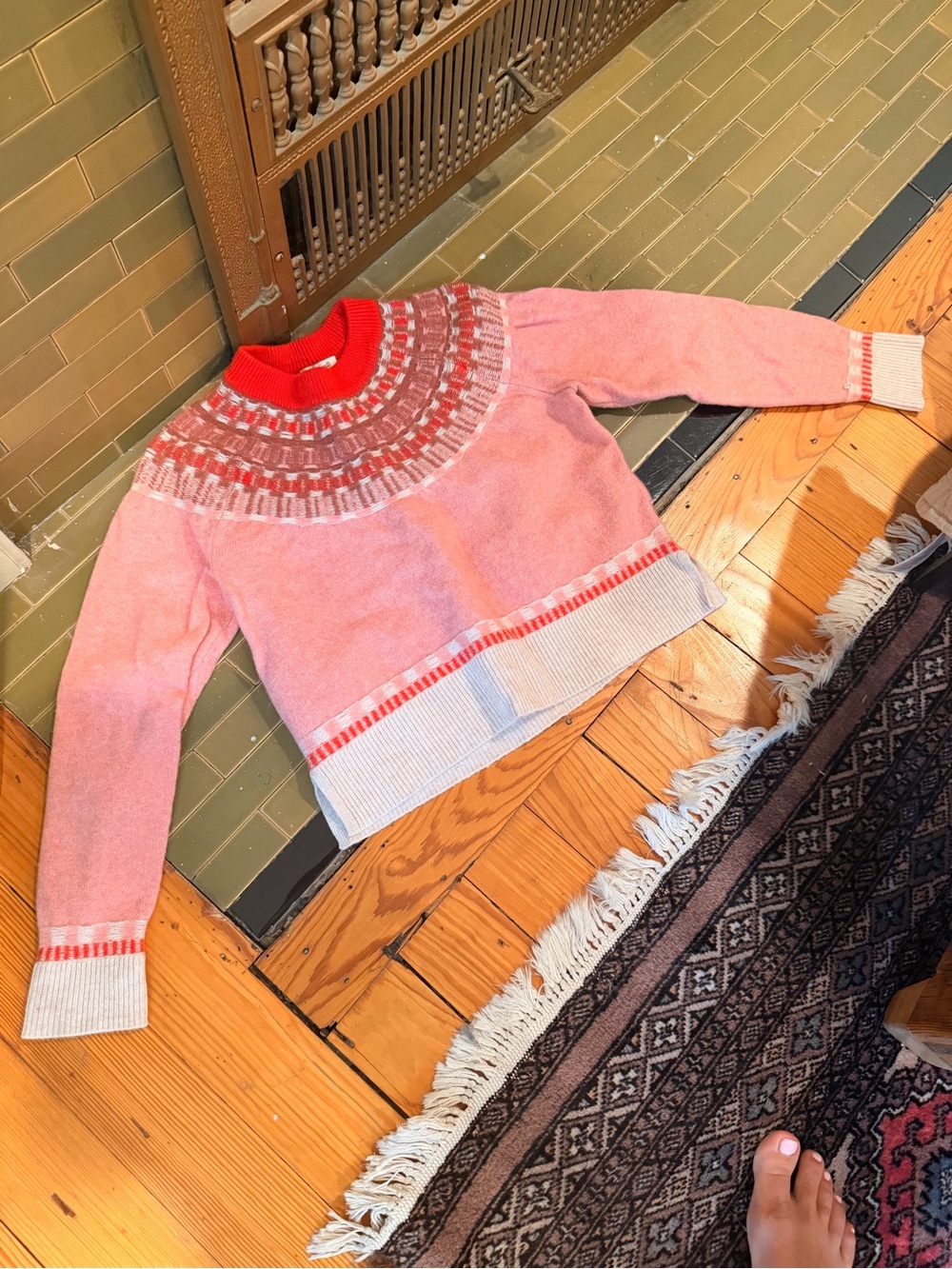 Madewell Pink Fair Isle Turtleneck Sweater with Red Yoke